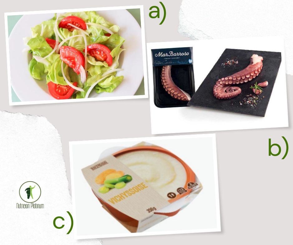 Ensalada de lechuga y tomate acompañada de pata de pulpo y Vichyssoise de puerro y patata.